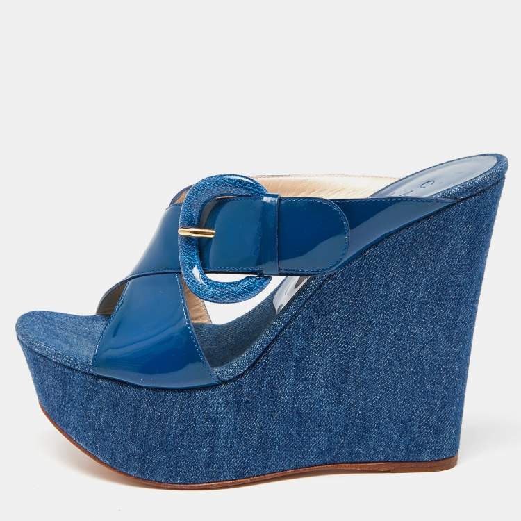 Pre Owned Casadei Blue Patent Leather Wedge Platform Slide Sandals Size 38
