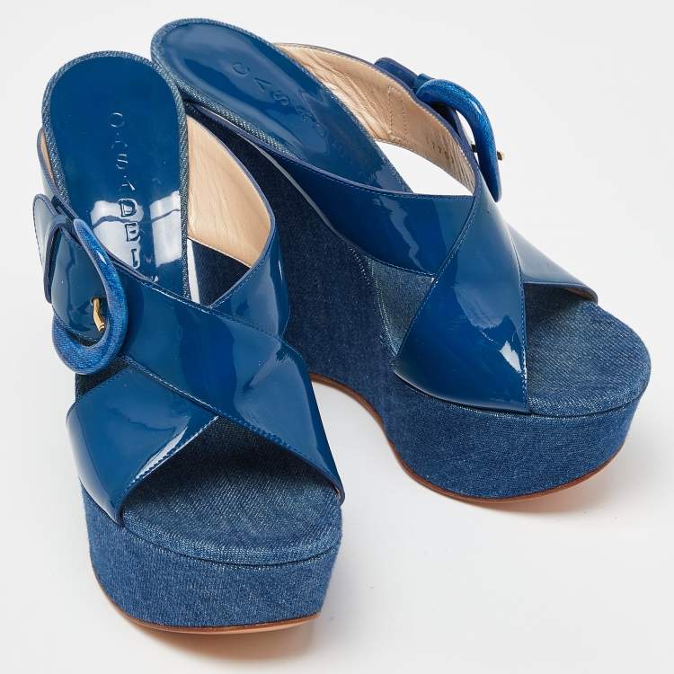 Pre Owned Casadei Blue Patent Leather Wedge Platform Slide Sandals Size 38