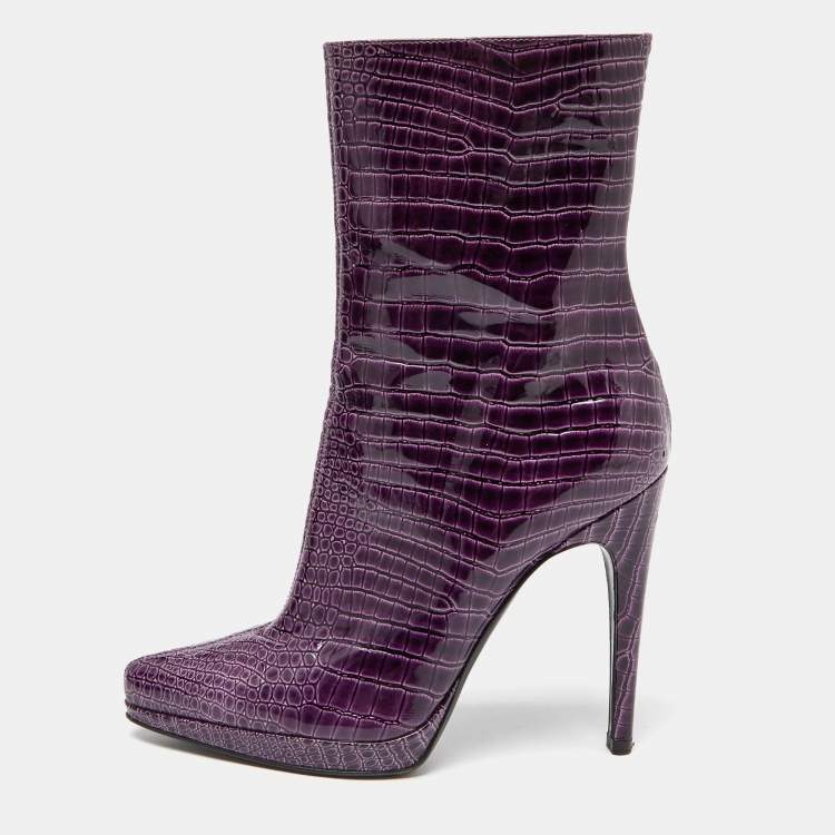 مملوكة مسبقًا Casadei Purple Croc Embossed Patent Leather Mid Calf Platform Boots Size 38.5