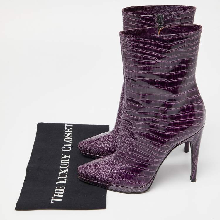 مملوكة مسبقًا Casadei Purple Croc Embossed Patent Leather Mid Calf Platform Boots Size 38.5
