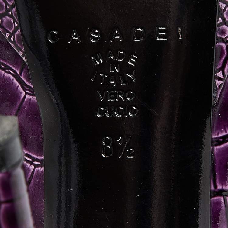 مملوكة مسبقًا Casadei Purple Croc Embossed Patent Leather Mid Calf Platform Boots Size 38.5