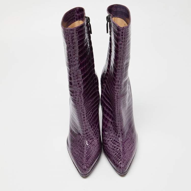 مملوكة مسبقًا Casadei Purple Croc Embossed Patent Leather Mid Calf Platform Boots Size 38.5