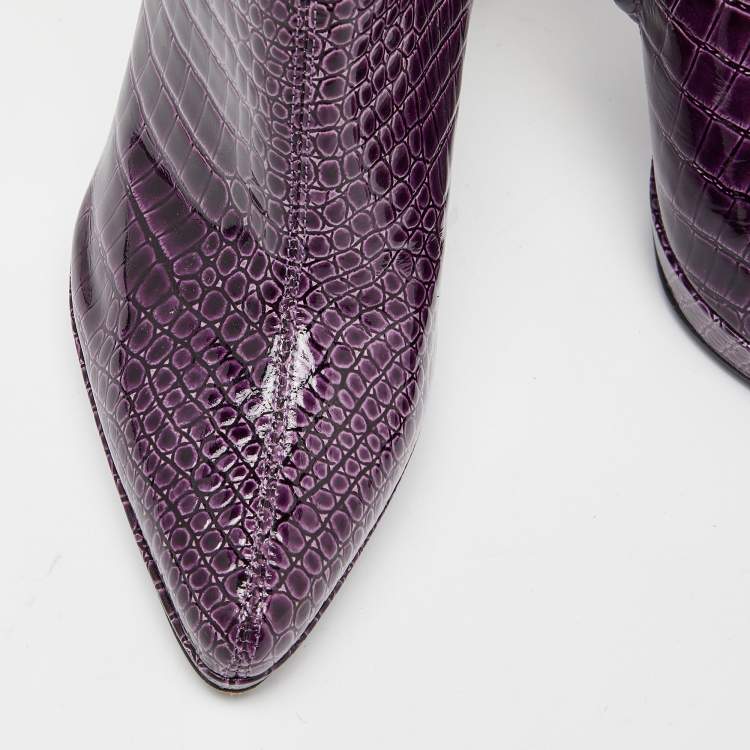 مملوكة مسبقًا Casadei Purple Croc Embossed Patent Leather Mid Calf Platform Boots Size 38.5