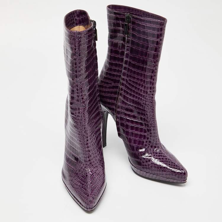 مملوكة مسبقًا Casadei Purple Croc Embossed Patent Leather Mid Calf Platform Boots Size 38.5