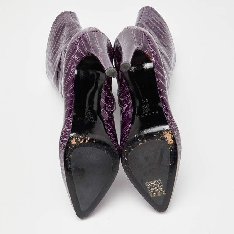 مملوكة مسبقًا Casadei Purple Croc Embossed Patent Leather Mid Calf Platform Boots Size 38.5