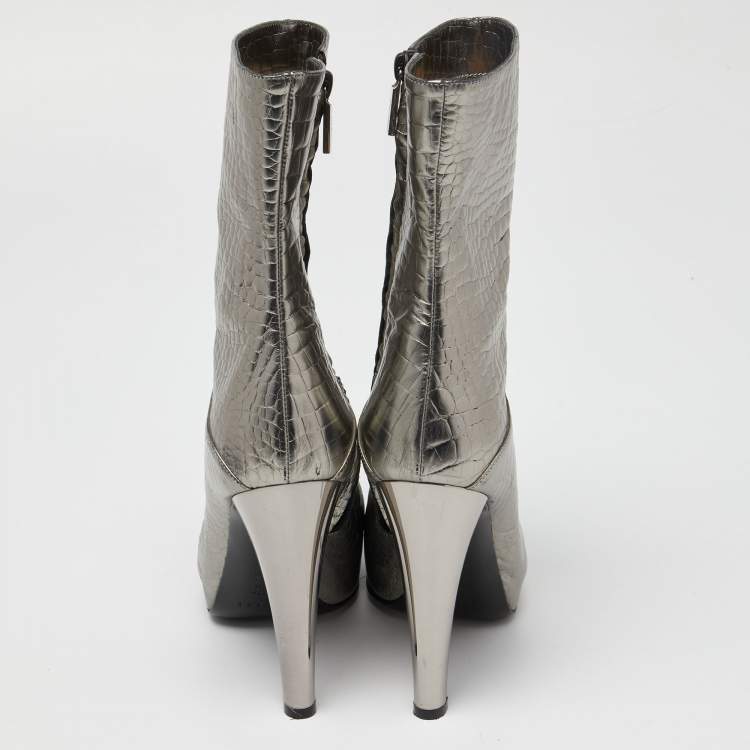 Pre Owned Casadei Silver Croc Embossed Leather Mid Calf Boots Size 38