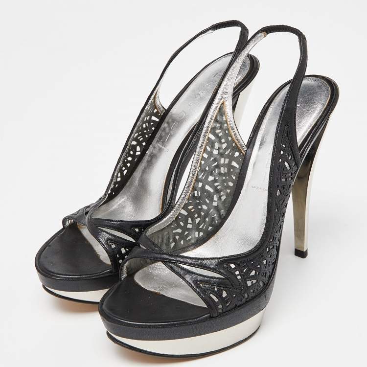 Pre Owned Casadei Black Laser Cut Leather Platform Slingback Sandals Size 37