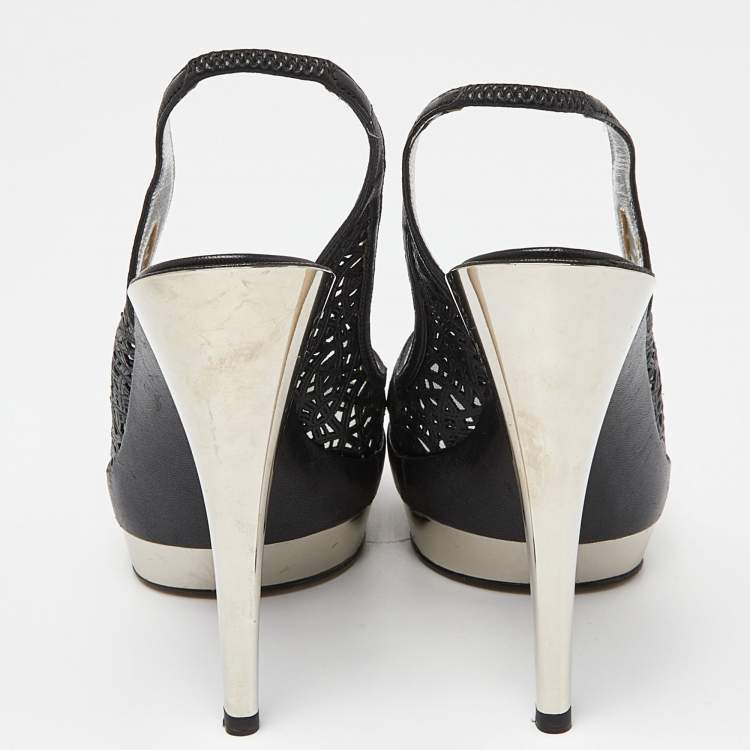 Pre Owned Casadei Black Laser Cut Leather Platform Slingback Sandals Size 37