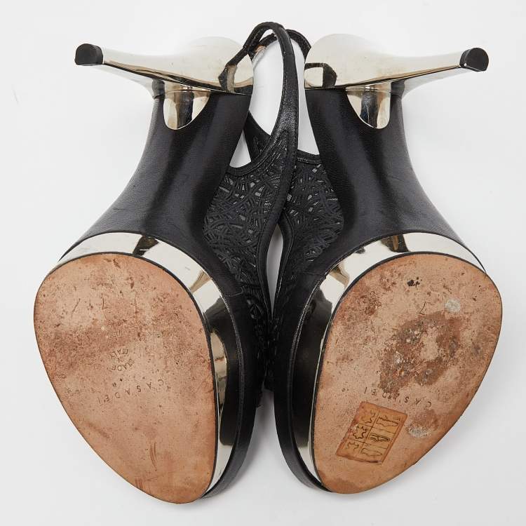 Pre Owned Casadei Black Laser Cut Leather Platform Slingback Sandals Size 37