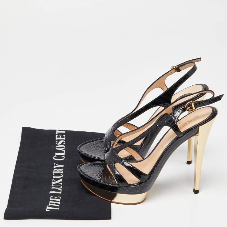 Pre Owned Casadei Black Croc Embossed Leather Ankle Strap Platform Sandals Size 38