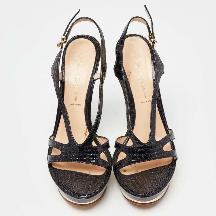 Pre Owned Casadei Black Croc Embossed Leather Ankle Strap Platform Sandals Size 38