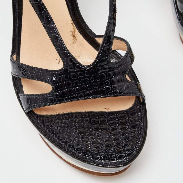 Pre Owned Casadei Black Croc Embossed Leather Ankle Strap Platform Sandals Size 38