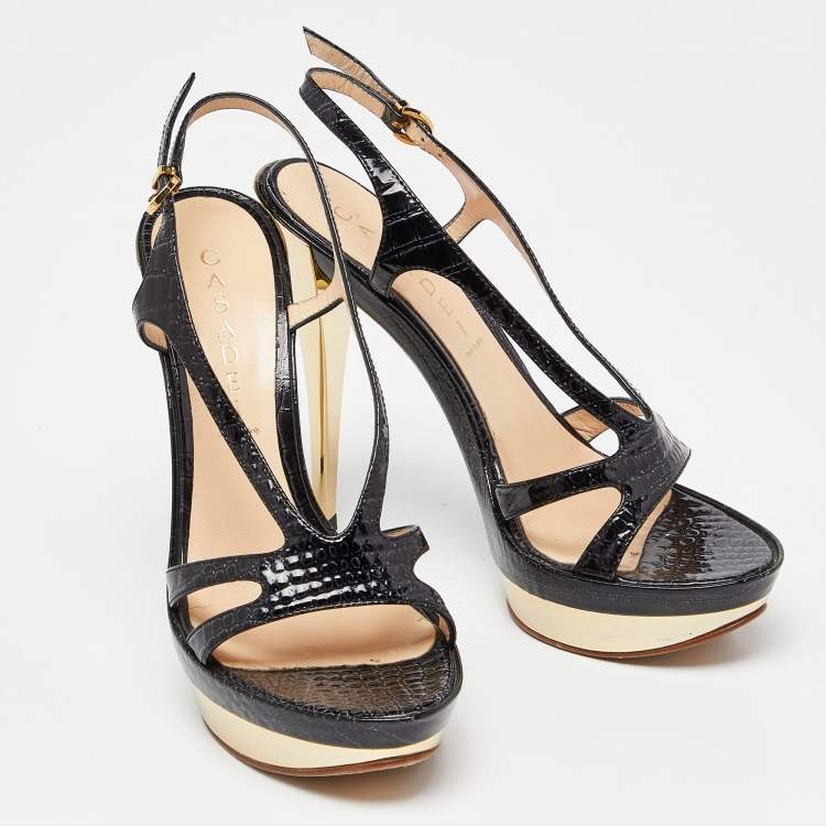 Pre Owned Casadei Black Croc Embossed Leather Ankle Strap Platform Sandals Size 38