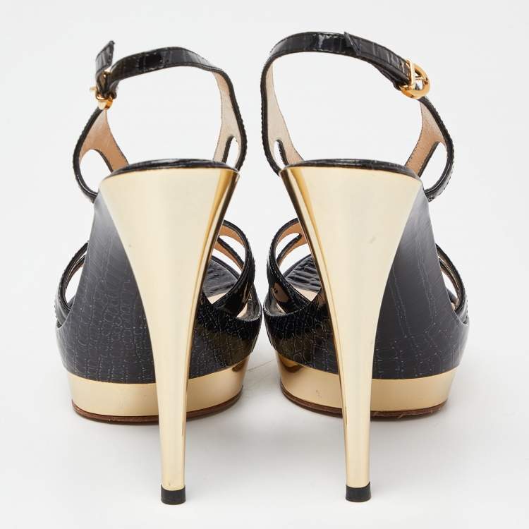 Pre Owned Casadei Black Croc Embossed Leather Ankle Strap Platform Sandals Size 38