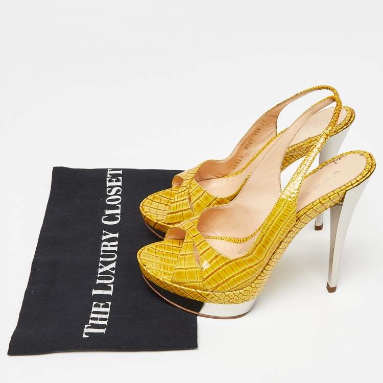 Pre Owned Casadei Yellow Croc Embossed Leather Cross Strap Platform Sandals Size 37