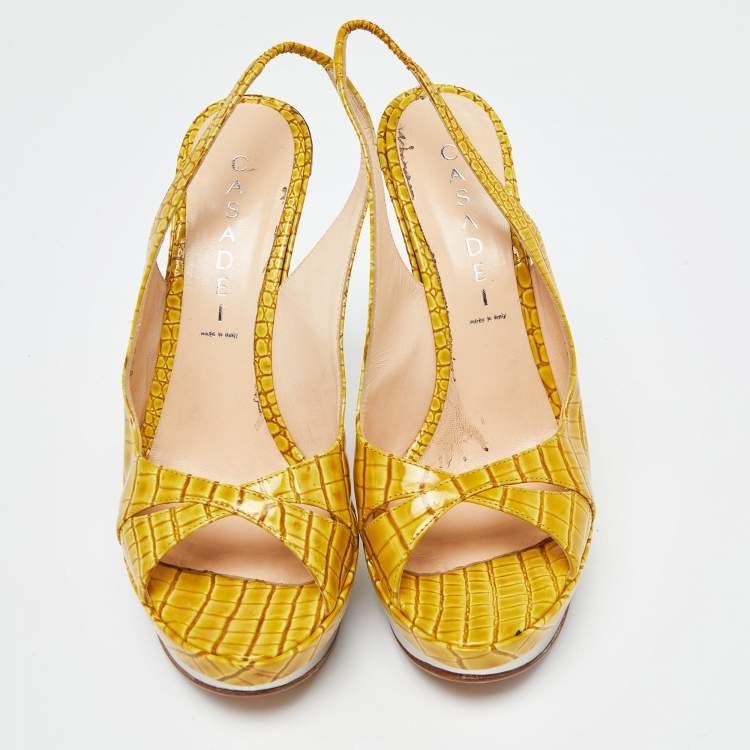 Pre Owned Casadei Yellow Croc Embossed Leather Cross Strap Platform Sandals Size 37
