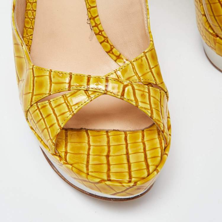 Pre Owned Casadei Yellow Croc Embossed Leather Cross Strap Platform Sandals Size 37