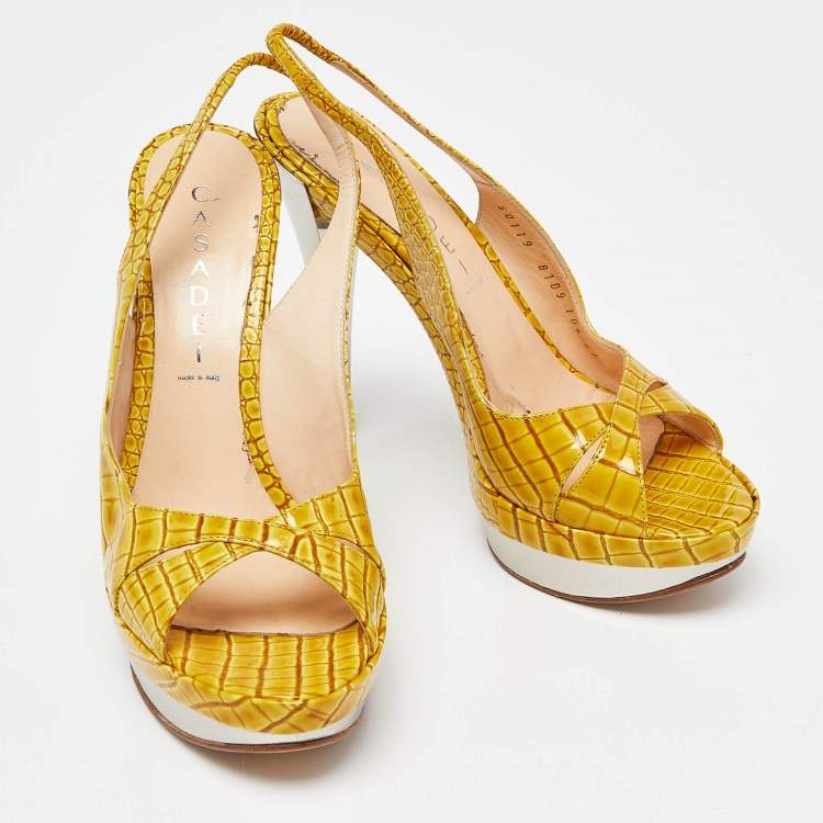 Pre Owned Casadei Yellow Croc Embossed Leather Cross Strap Platform Sandals Size 37