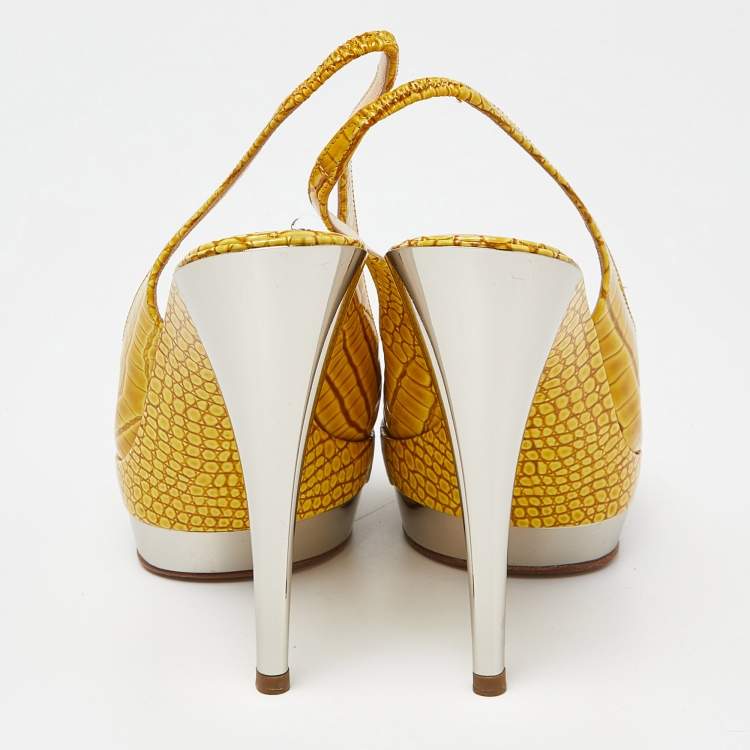 Pre Owned Casadei Yellow Croc Embossed Leather Cross Strap Platform Sandals Size 37
