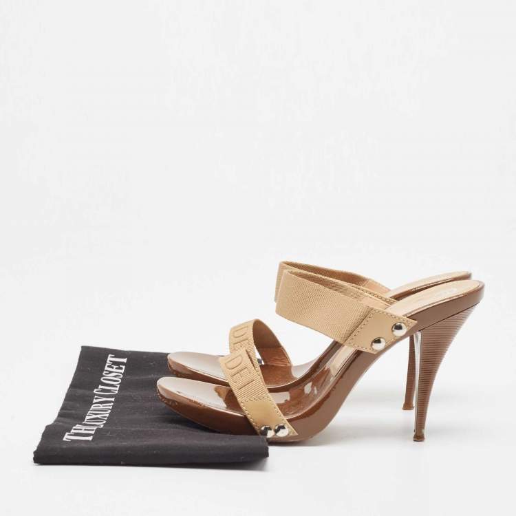 Pre Owned Casadei Beige/Brown Canvas Slide Sandals Size 38