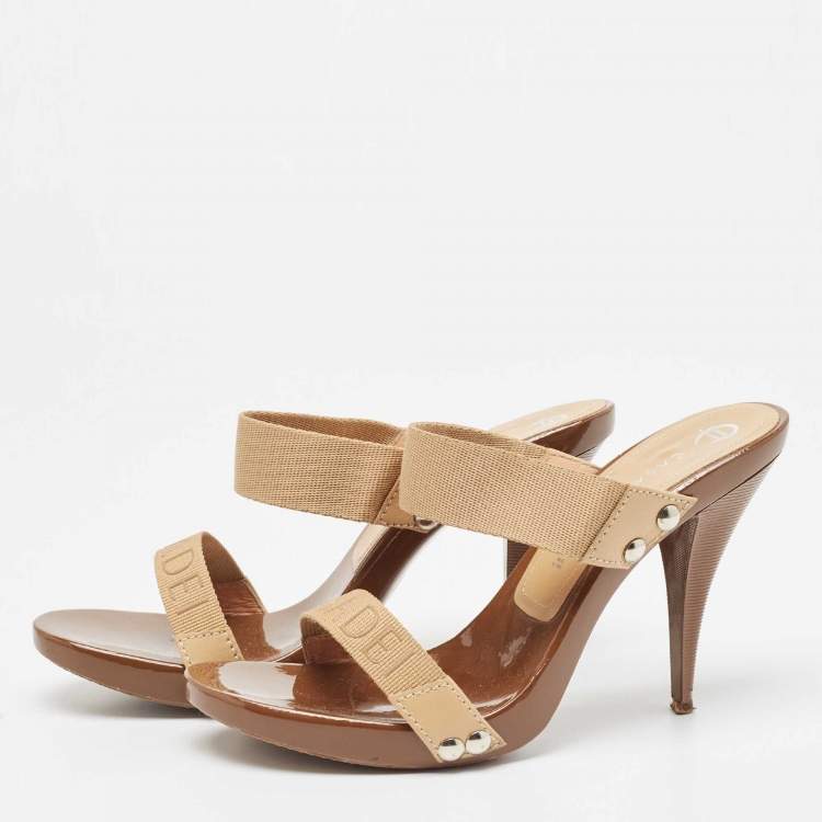Pre Owned Casadei Beige/Brown Canvas Slide Sandals Size 38