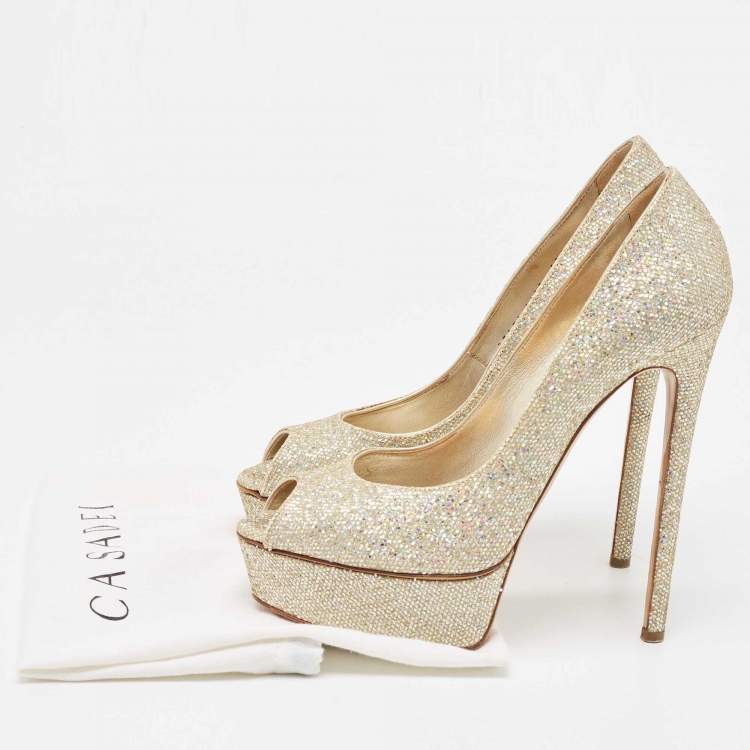 Pre Owned Casadei Gold Glitter Lamé Fabric Peep Toe Platform Pumps Size 39