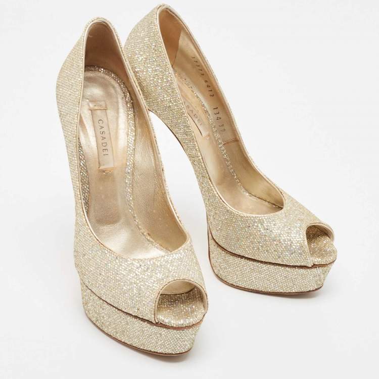 Pre Owned Casadei Gold Glitter Lamé Fabric Peep Toe Platform Pumps Size 39