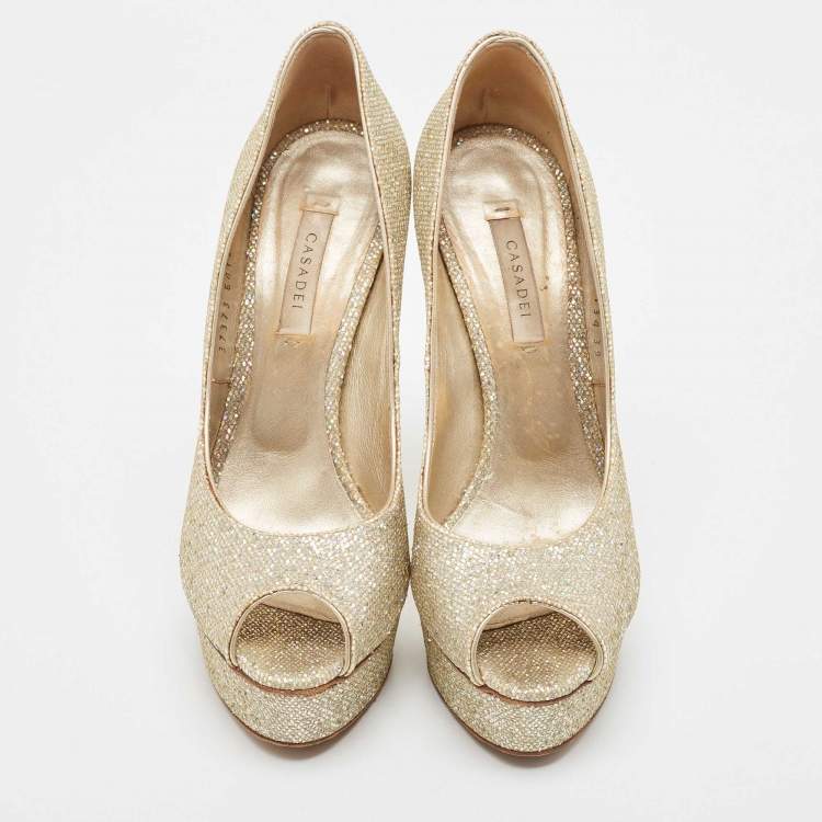 Pre Owned Casadei Gold Glitter Lamé Fabric Peep Toe Platform Pumps Size 39