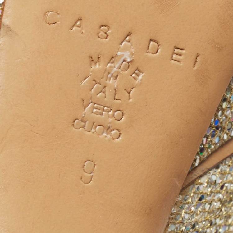 Pre Owned Casadei Gold Glitter Lamé Fabric Peep Toe Platform Pumps Size 39