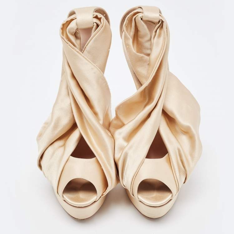 Pre Owned Casadei Metallic Beige Draped Satin Peep Toe Platform Pumps Size 38