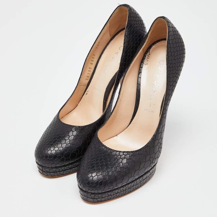 Pre Owned Casadei Black Python Embossed Leather Platform Pumps Size 36.5