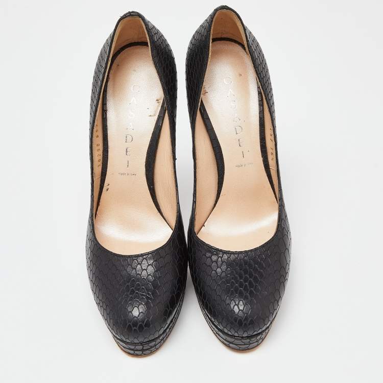 Pre Owned Casadei Black Python Embossed Leather Platform Pumps Size 36.5