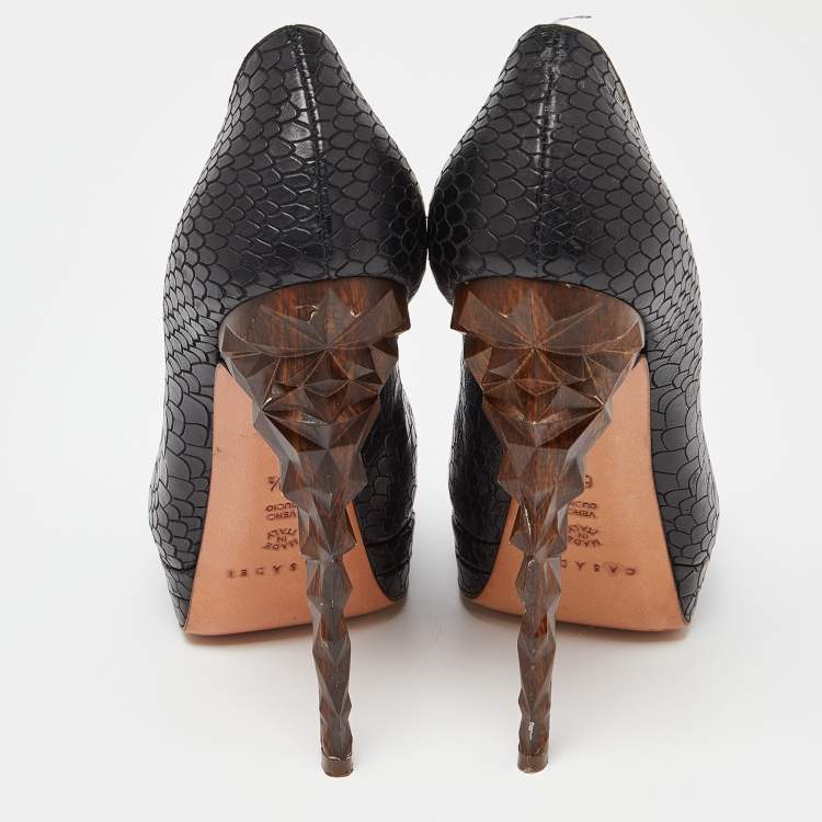 Pre Owned Casadei Black Python Embossed Leather Platform Pumps Size 36.5