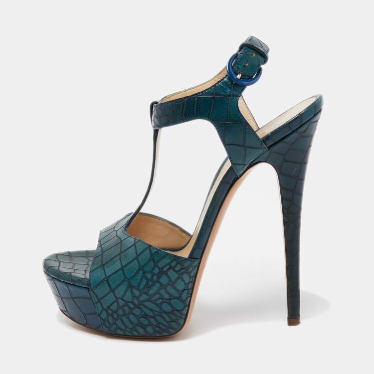Pre Owned Casadei Green Croc Embossed Leather T-Bar Platform Ankle Strap Sandals Size 38 