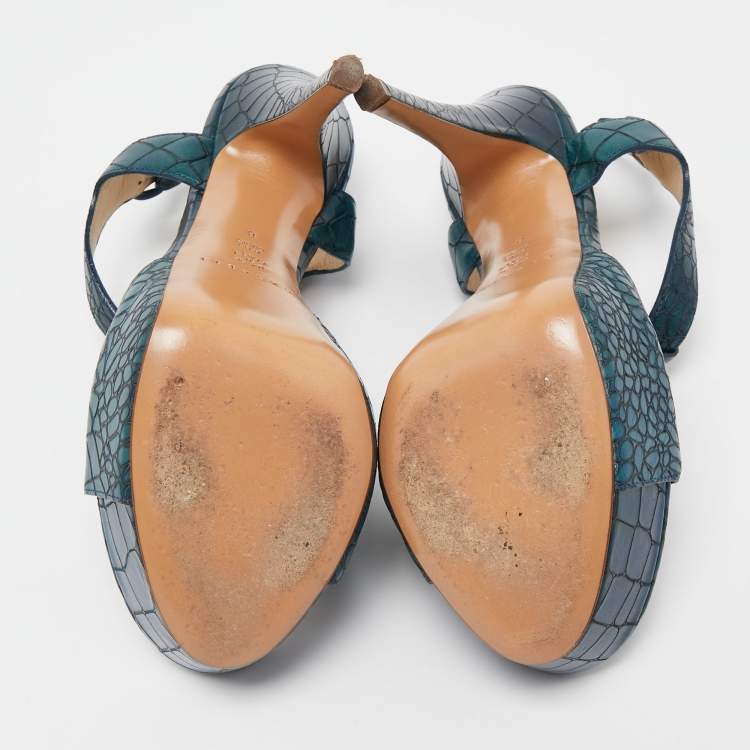 Pre Owned Casadei Green Croc Embossed Leather T-Bar Platform Ankle Strap Sandals Size 38 