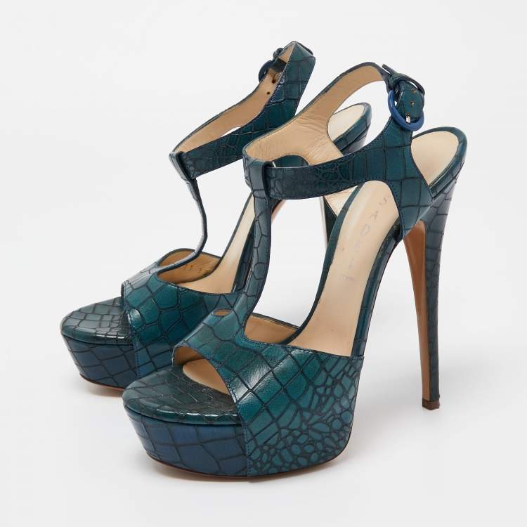 Pre Owned Casadei Green Croc Embossed Leather T-Bar Platform Ankle Strap Sandals Size 38 