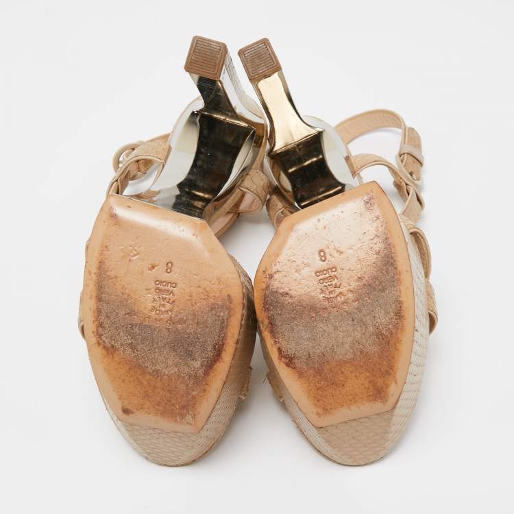 مملوكة مسبقًا Casadei Beige Embossed Python Platform T-Strap Sandals Size 38