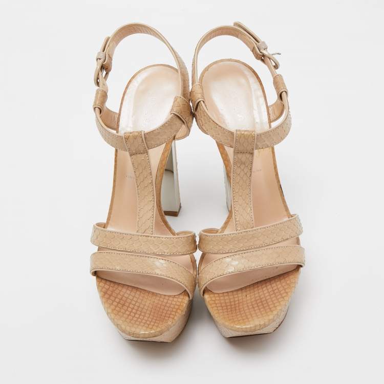مملوكة مسبقًا Casadei Beige Embossed Python Platform T-Strap Sandals Size 38