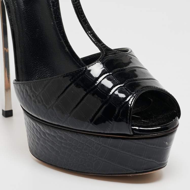 Pre Owned Casadei Black Croc Embossed Patent Leather Peep Toe Platform T-Strap Sandals Size 37.5