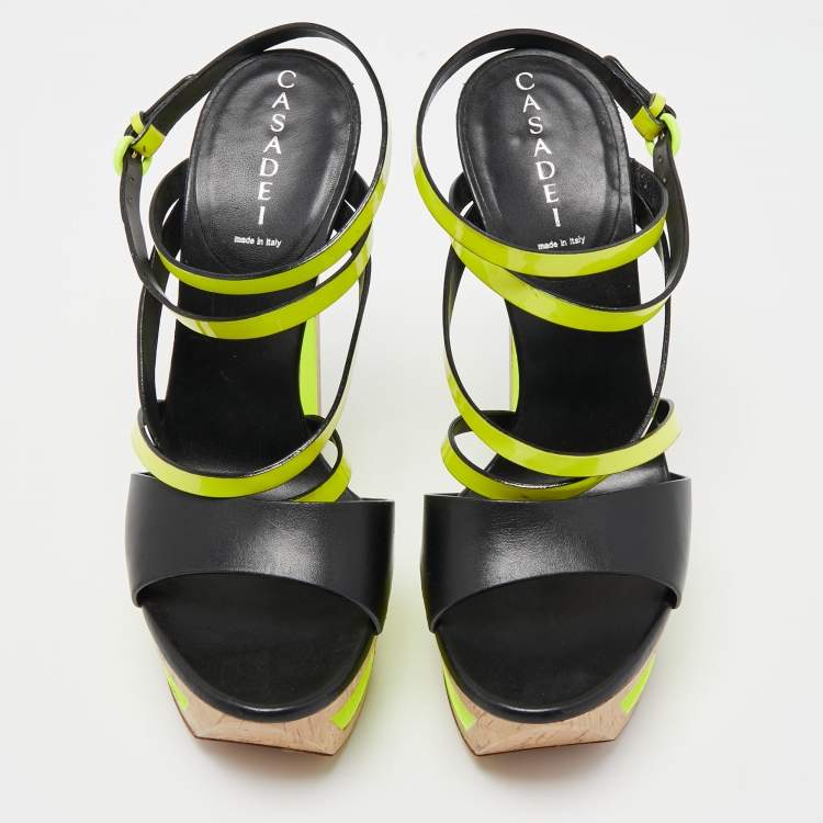 Pre Owned Casadei Black/Neon Yellow Leather and Patent Cork Wedge Platform Strappy Sandals Size 38