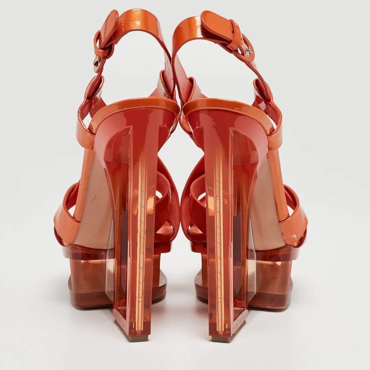 Pre Owned Casadei Orange Patent Leather Ankle Strap Sandals Size 38