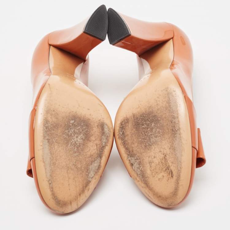 Pre Owned Casadei Brown Patent Leather Round Toe Block Heel Pumps Size 41