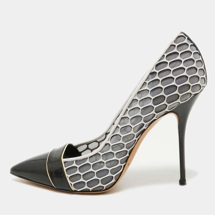Pre Owned Casadei White/Black Net and Leather Pointed Toe Pumps Size 37.5