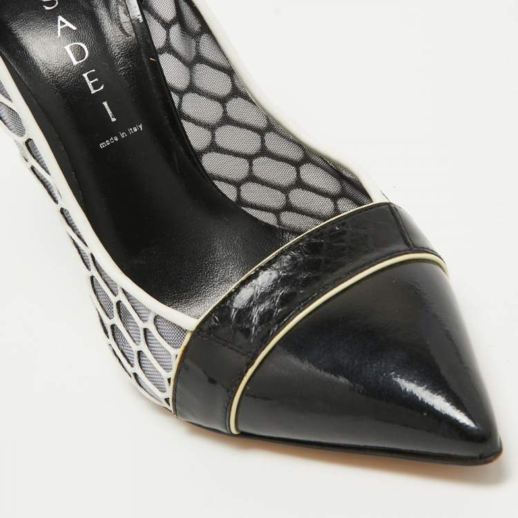 Pre Owned Casadei White/Black Net and Leather Pointed Toe Pumps Size 37.5