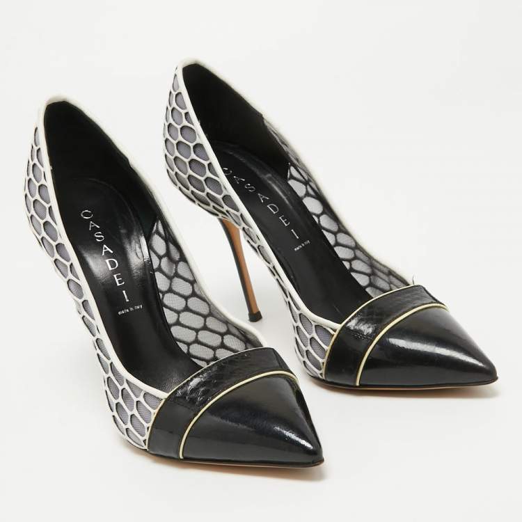 Pre Owned Casadei White/Black Net and Leather Pointed Toe Pumps Size 37.5