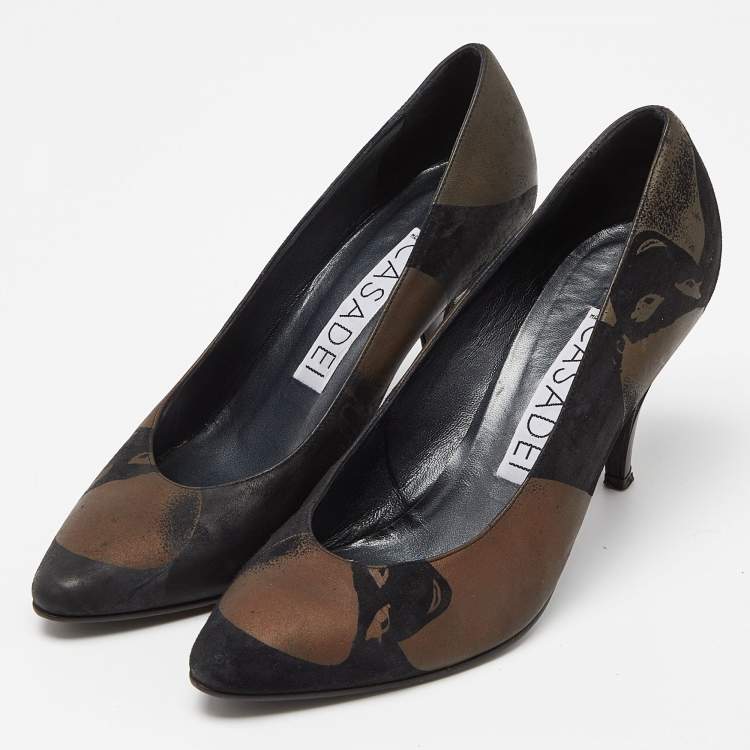 Pre Owned Casadei Black/Brown Printed Nubuck Leather Pointed Toe Pumps Size 39