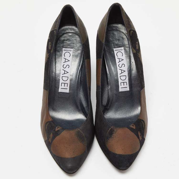 Pre Owned Casadei Black/Brown Printed Nubuck Leather Pointed Toe Pumps Size 39