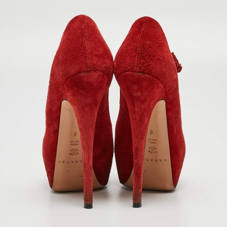 Pre Owned Casadei Red Suede Mary Jane Platform Pumps Size 36