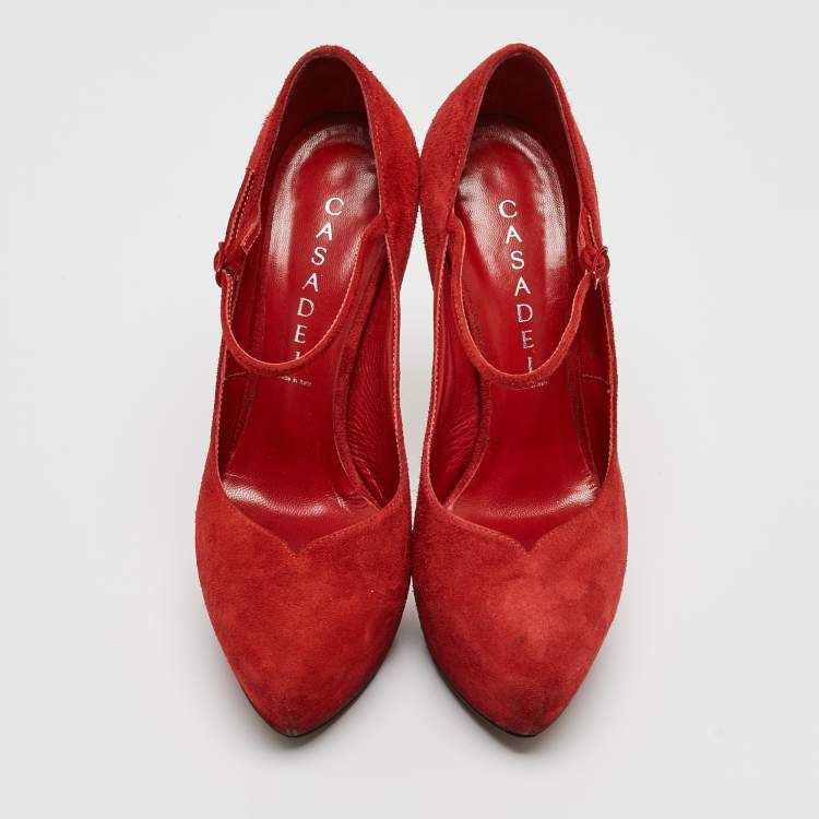 Pre Owned Casadei Red Suede Mary Jane Platform Pumps Size 36