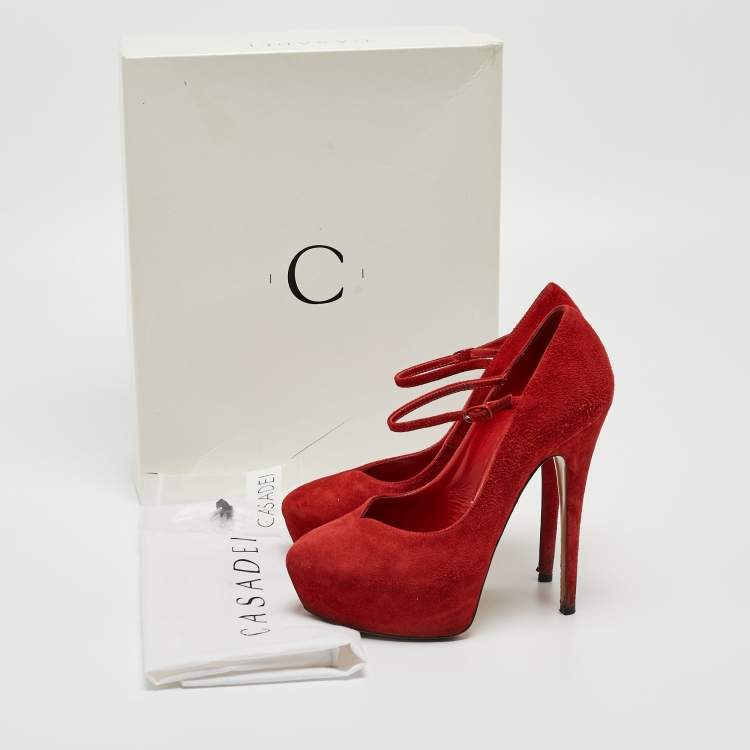 Pre Owned Casadei Red Suede Mary Jane Platform Pumps Size 36